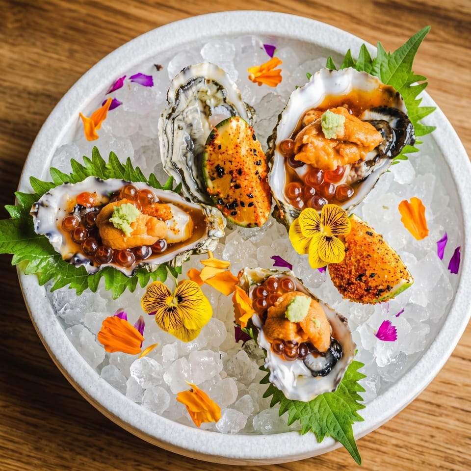 Four oysters with uni, roe, and wasabi, garnished with edible flowers on a bed of ice.