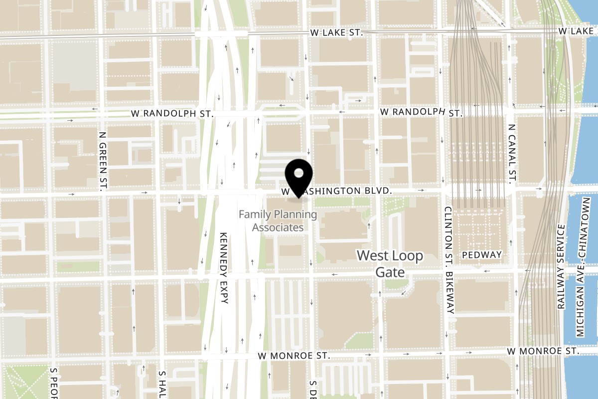 Map showing the location of TenGoku Aburiya on 651 W Washington Blvd Ste 101A in Chicago
